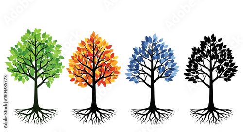 Four Trees in Different Seasons: Spring, Autumn, Winter, and Silhouette with Visible Roots
