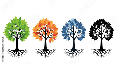 Four Season Trees with Roots, Spring, Summer, Autumn, Winter Symbolism Vector Art