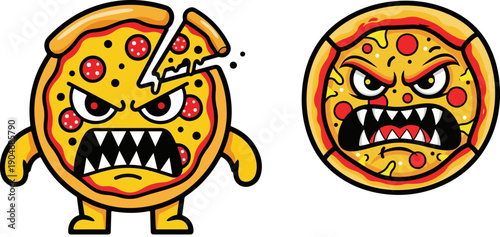 Two distinct cartoon illustrations depict angry evil pizza characters with sharp teeth and glaring red eyes ready for a monstrous food fight.