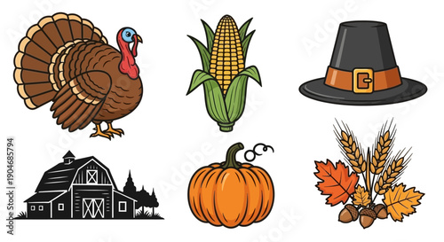 Vector Thanksgiving Icons: Turkey, Corn, Pilgrim Hat, Barn, Pumpkin, and Wheat