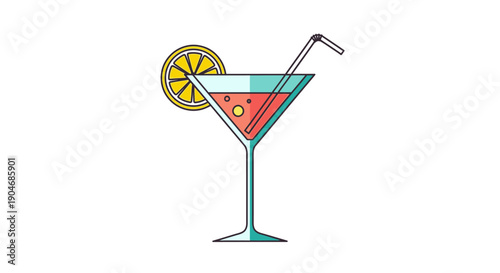 Refreshing Martini Cocktail with Lemon Slice and Straw, Isolated on White Background