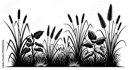 Silhouette of Reeds, Cattails, and Lush Greenery by a Water's Edge