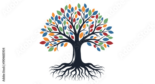 Stylized Tree of Life with Colorful Leaves and Intricate Roots, Vector Illustration