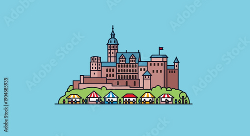Illustrative flat design of a grand medieval castle with colorful market stalls on a hill under a clear blue sky, perfect for travel and historical themes