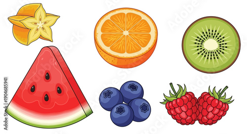 Collection of Assorted Fresh Fruit Slices and Berries Vector Illustration Pack