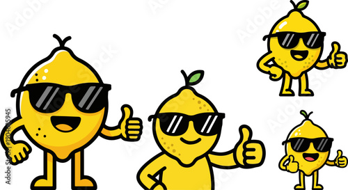 Collection of cheerful, stylized lemon characters wearing cool sunglasses and giving enthusiastic thumbs up gestures for positive approval and fun designs.