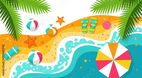 Vibrant Summer Beach Scene with Tropical Plants, Beach Balls, and Ocean Waves