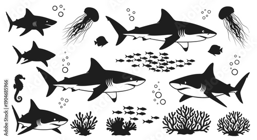 Diverse Marine Life Collection: Sharks, Jellyfish, Seahorse, Fish, and Coral Silhouettes
