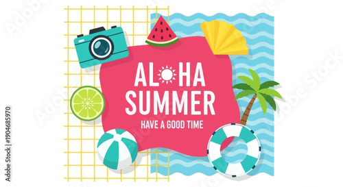 Bright Aloha Summer Beach Party Celebration With Tropical Elements And Fun Icons
