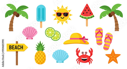 Vibrant Summer Beach Elements Vector Collection: Sun, Palm Trees, and More