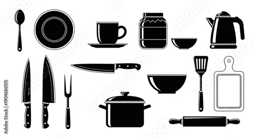 Silhouette Collection of Kitchenware, Utensils, and Cookware