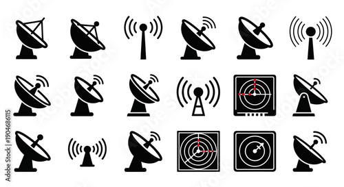 Collection of Satellite Dish and Antenna Icons for Communication and Technology Concepts