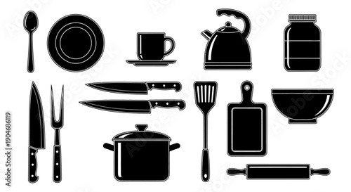 Black Silhouettes of Kitchen Utensils, Cookware, and Appliances on White
