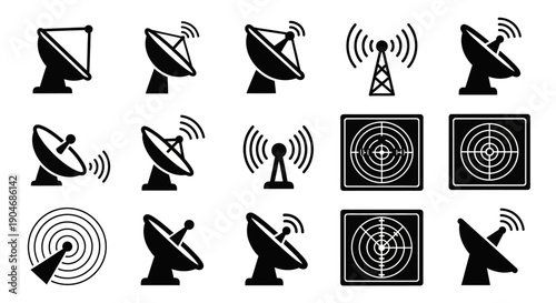 Collection of Satellite Dish and Radar Icons Vector Set for Communication and Technology