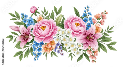 Beautiful Pink Peonies and Lilies with Delicate Flowers Vector Bouquet