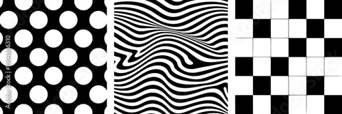 Patterns set with polka dots, wavy lines, and checkered designs in black and white featuring textures, backgrounds, monochrome with abstract and geometric elements for graphic resources, decorative