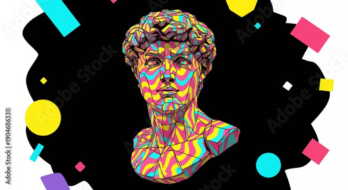Stylized Bust Sculpture with Vibrant Geometric Patterns and Abstract Shapes