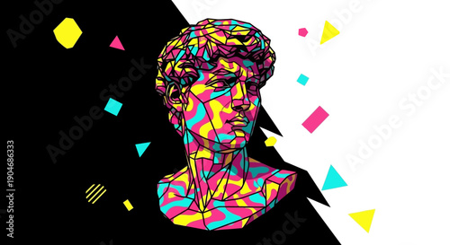 Colorful Geometric David Bust Pop Art Style with Abstract Shapes on Black and White Background