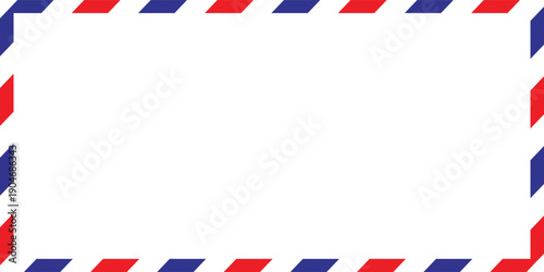 Airmail Envelope frame images with strips. International vintage letter border. Retro air mail postcard with blue and red stripes.  Empty classic postal frame. Vector illustration