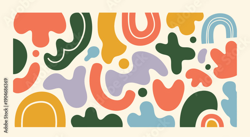 Abstract Organic Shapes and Rainbows in a Playful Memphis Style Design