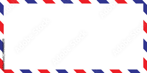 Airmail Envelope frame images with strips. International vintage letter border. Retro air mail postcard with blue and red stripes.  Empty classic postal frame. Vector illustration