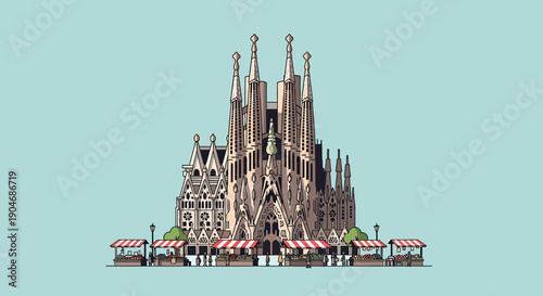 Detailed illustration of a famous European landmark with bustling market stalls creating a vibrant and lively street scene