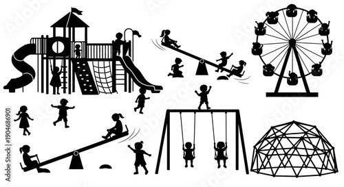 Silhouette of Children Playing on Various Playground Equipment - Playtime Fun
