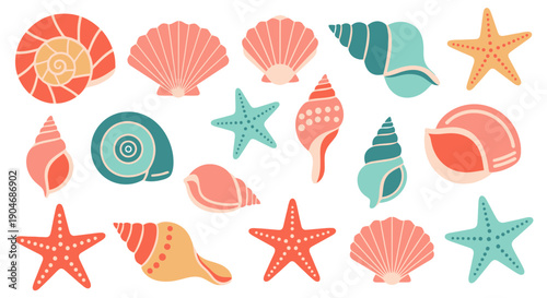Collection of colorful stylized seashells and starfish icons, perfect for summer and beach themes