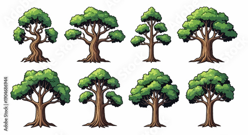 Set of Diverse Cartoon Trees with Lush Green Foliage and Textured Bark
