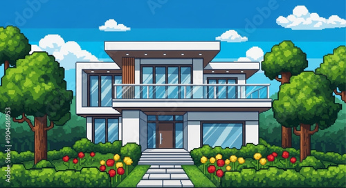 Modern Architectural House Design with Lush Greenery and Blue Sky.