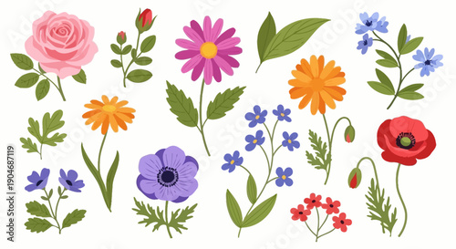 Diverse Collection of Beautiful Spring Flowers and Green Leaves on White Background