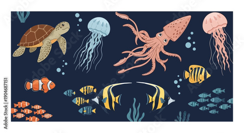 Vibrant Underwater Ocean Scene with Diverse Marine Life and Coral Reef Elements