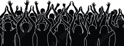 Enthusiastic crowd celebrating with raised hands in unison