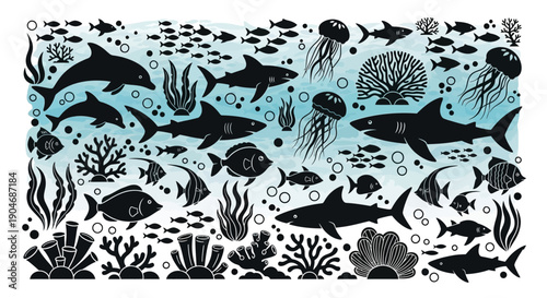 Diverse Ocean Life and Coral Reefs Silhouettes on Blue Watercolor Background
