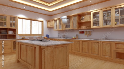 Modern kitchen interior with wooden cabinets and island design