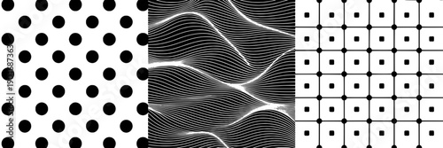 Patterns abstract geometric set with polka dots, wavy line texture, and grid network tiles in black and white, modern minimal backgrounds for design, print, web