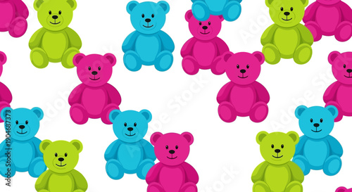 Seamless Pattern of Colorful Cute Teddy Bears on White Background, Vector Art