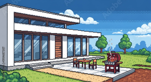 Modern House Exterior with Patio and Barbecue.