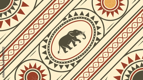 Traditional african tribal pattern with an elephant silhouette and geometric motifs in earthy tones.