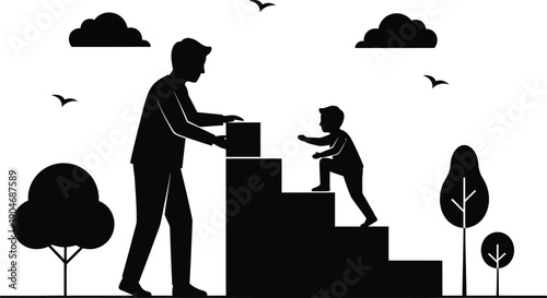 Father helping son climb stairs silhouette, parent supporting child growth and development, family mentorship and guidance concept vector