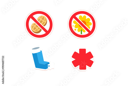 Symbols showing allergies and asthma management in a simple style often used in health-related settings for quick identification of triggers