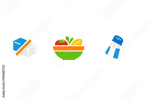 Graphic showing butter, a bowl of fruits, and a salt shaker with no background