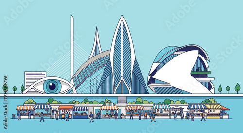 Modern Architectural Marvels and Bustling Market Scene Illustrated with a Distinctive Blue and White Color Palette and Clean Lines