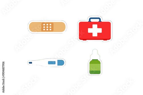 First aid items on a white background showing a bandage, a medical kit, a thermometer, and a bottle of medicine