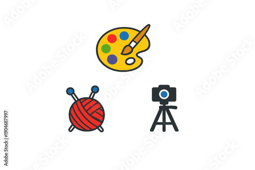 Creative activities including painting, knitting, and photography tools displayed together in a simple layout