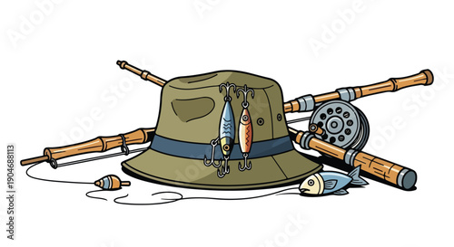 Illustration of a fishing hat with rods and lures on a white background with a playful and outdoor mood.