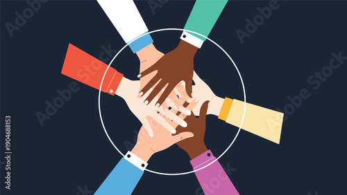 Group of diverse hands joined together in a circle to represent teamwork, unity, and multi-cultural cooperation within a professional community.