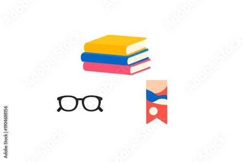 Books stacked on a table next to glasses and a bookmark with a design during the daytime in a study area