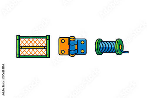Different types of hardware for construction and repair tasks are displayed, showing a mesh panel, a hinge, and a spool of wire, all ready for use in projects