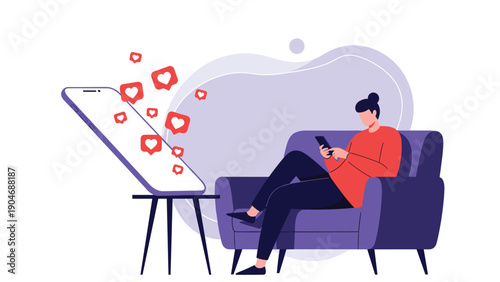 Woman relaxing on a purple sofa using her phone while many floating red heart icons emerge from a giant mobile screen for social media love.